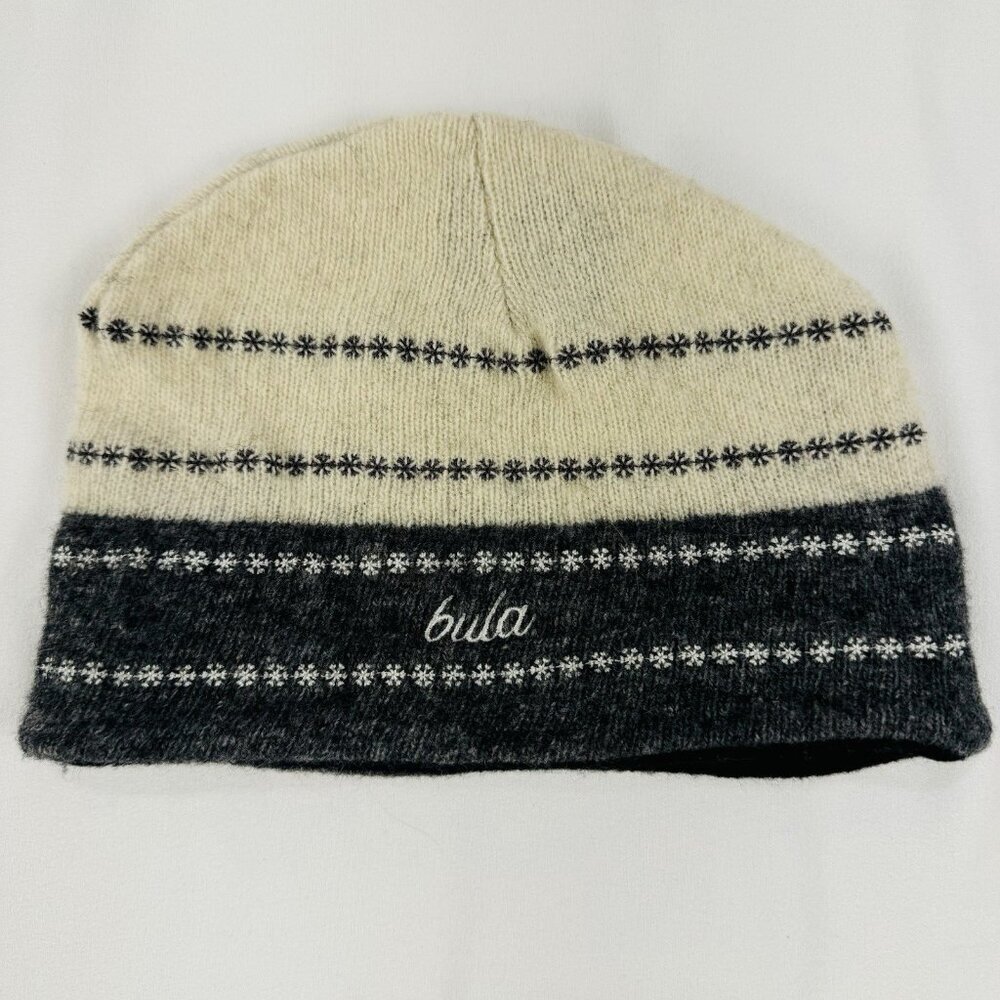 BULA Beanie Off White And Grey 100%‎ Wool With Snowflakes Embroidery VTG 90s